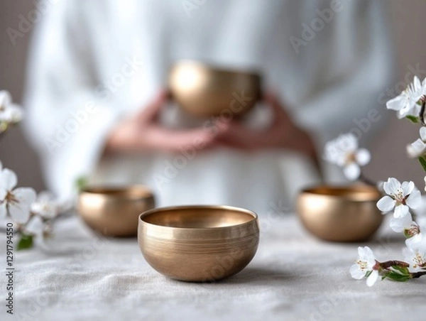 Fototapeta singing bowls on a table with spring blossoms