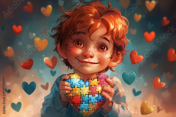 Fototapeta A boy holds a heart with puzzle pieces in his hands as a sign of solidarity with people suffering from autism spectrum disorders. World Autism Day. A friendly autistic child.The boy with the red hair