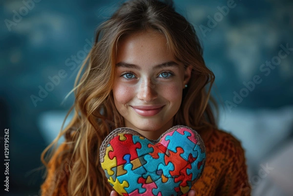 Obraz The sweet girl is smiling and holding a puzzle heart in her hands. World Autism Awareness Day.World Autism Recognition Day.