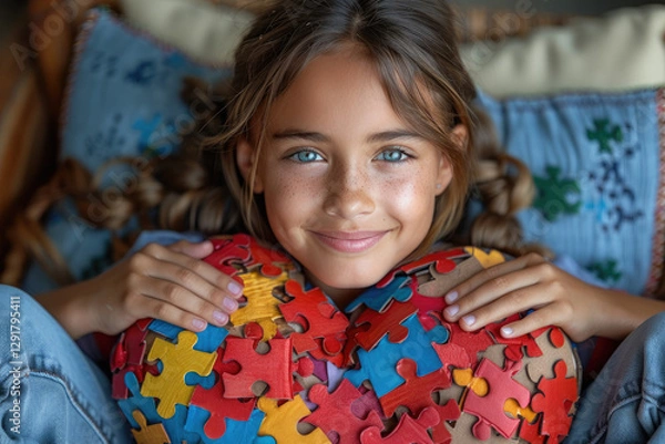 Obraz The sweet girl is smiling and holding a puzzle heart in her hands. World Autism Awareness Day.World Autism Recognition Day.