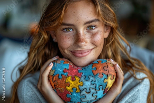 Obraz The sweet girl is smiling and holding a puzzle heart in her hands. World Autism Awareness Day.World Autism Recognition Day.
