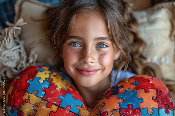 Obraz The sweet girl is smiling and holding a puzzle heart in her hands. World Autism Awareness Day.World Autism Recognition Day.