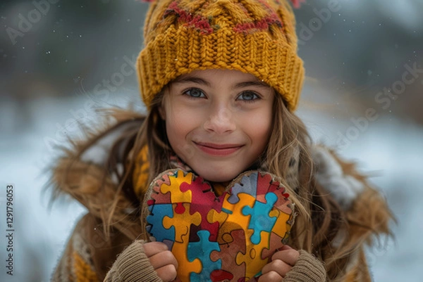 Obraz The sweet girl is smiling and holding a puzzle heart in her hands. World Autism Awareness Day.World Autism Recognition Day.
