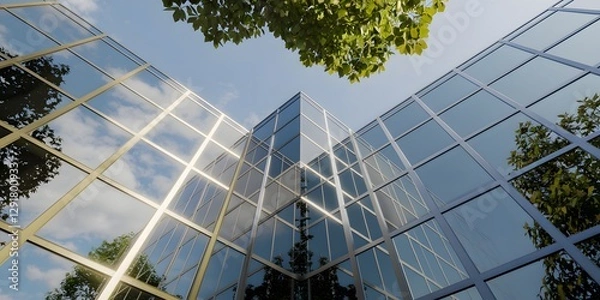 Obraz "Modern Glass Building with Gold and Silver Accents, Angular Structure, Reflective Panels Mirroring Sky and Trees, Contrasting with Lush Green Canopy and Clear Blue Sky"
