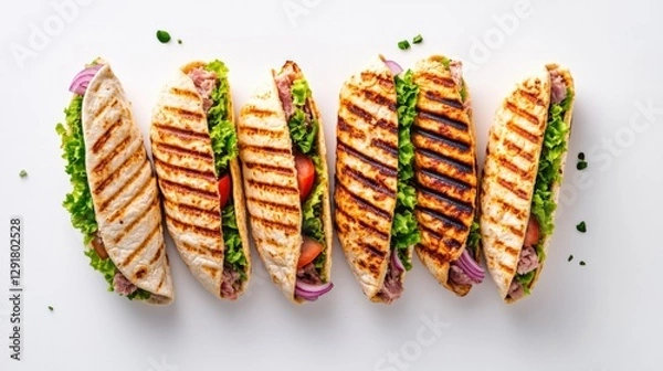 Fototapeta Grilled Wraps with Various Toppings on White Background