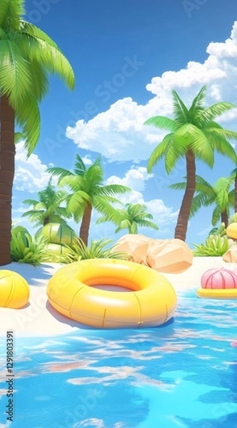 Fototapeta Colorful Floating Rings on a Sunny Tropical Beach With Palm Trees and Blue Water During a Bright Daytime