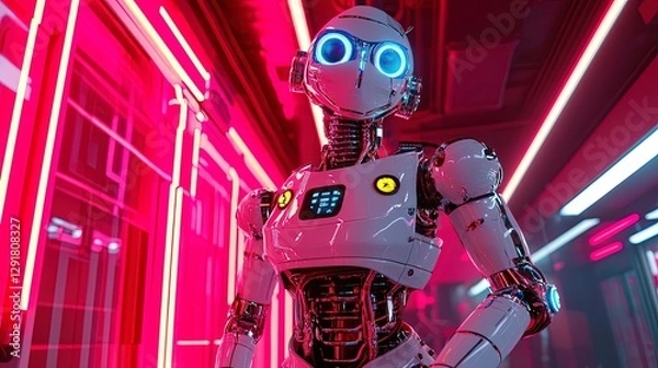Fototapeta Retro robot with metallic limbs and colorful buttons, posing in a neon-lit 80s-inspired room