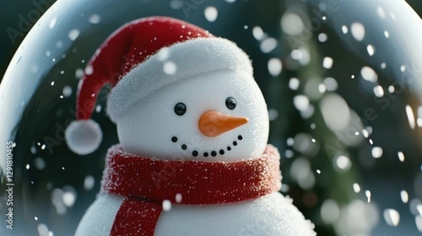 Fototapeta snowman in snow globe wearing red scarf and santa hat