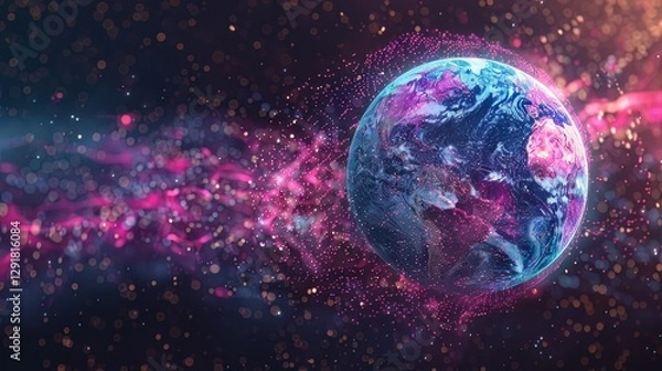 Fototapeta Colorful earth in cosmic space with glowing particles and bokeh effect
