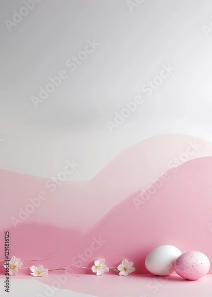 Fototapeta Easter eggs and flowers against an rose colored background