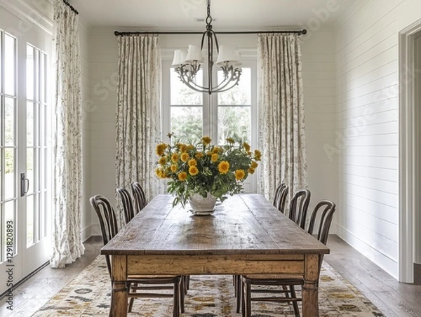 Obraz Modern Farmhouse Dining Room with Country Cottage  Elements