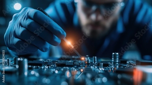 Fototapeta Engineer delicately assembling circuit board with precision in a laboratory setting