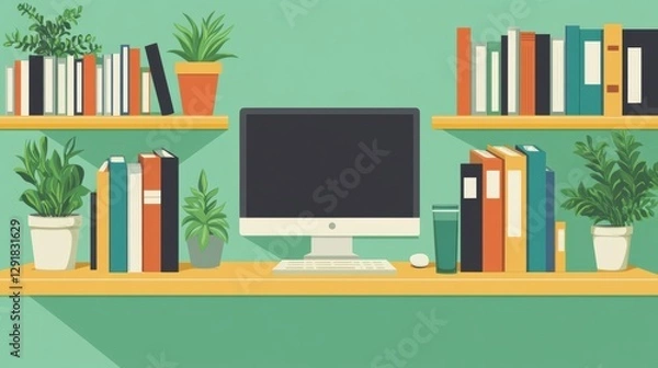 Fototapeta Online learning platform showcasing a modern workspace with books and plants, promoting a productive study environment