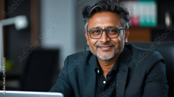 Fototapeta **Portrait of an Accomplished Leader:** A distinguished Indian businessman with a gentle smile and confident gaze, radiating authority and approachability, ready to lead.