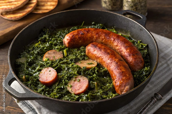 Fototapeta Kale cabbage with Pinkel sausage is a stewed green cabbage (kale) with the addition of smoked sausage called Pinkel. A thick, dark green mass thanks to the cabbage, which is cooked until soft and take