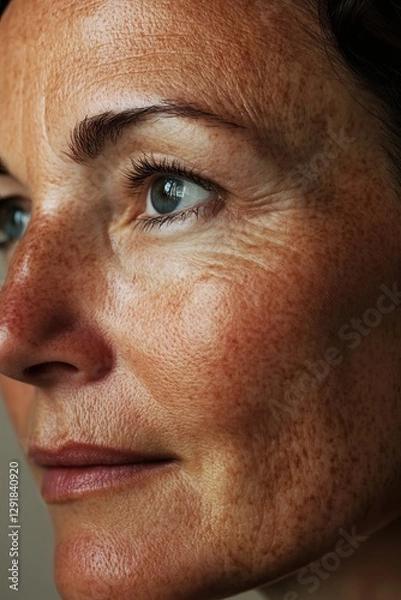Fototapeta A close-up portrait of a middle-aged woman with noticeable dark spots and hyperpigmentation on her cheeks and forehead. 