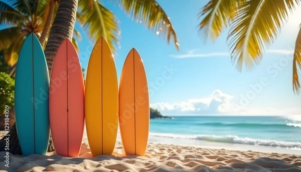 Fototapeta Vibrant Surfboards Standing in Sand Under Palm Trees