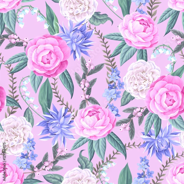 Fototapeta Seamless pattern with camelia flowers and other flowers. Vector.