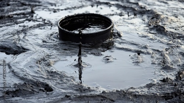 Fototapeta Black circular object submerged in muddy water, surrounded by swirling patterns and ripples