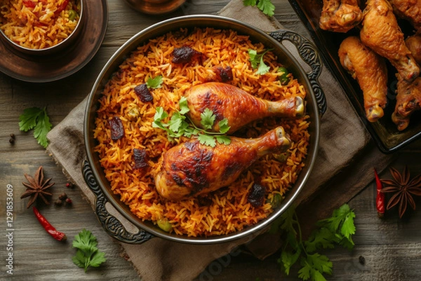 Obraz A top angle view of delicicous ramadan chicken biriyani.
Chicken biriyani with fried chicken legs decorated wit green leaves in a traditional brass bowl.