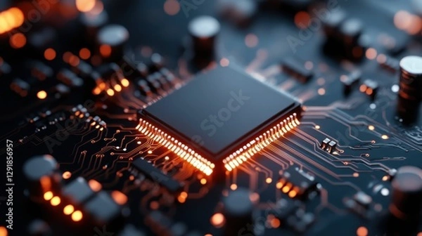 Fototapeta This captivating image reveals a microchip's design, showcasing a dramatic layout of circuits illuminated in a warm glow, evoking a sense of technological beauty and complexity.