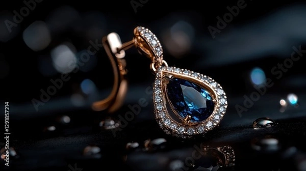 Obraz Striking close-up of refined blue sapphire earrings surrounded by droplets, emphasizing their elegance and the intricate details in the luxurious design.