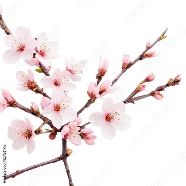 Obraz Isolated pink cherry blossoms bloom on a white branch, a delicate spring beauty