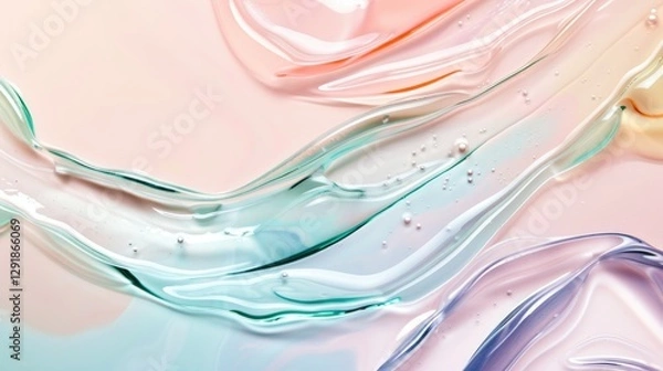 Fototapeta Composition with different colorful vibrant samples, smear of transparent gel or cream serums. Beauty product swatches on pastel background