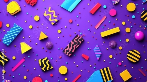 Fototapeta A colorful assortment of geometric shapes and patterns on a vibrant purple background, creating a playful and dynamic visual.