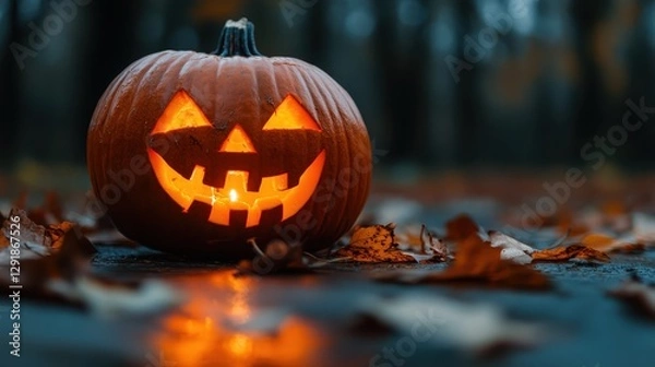Obraz A glowing jack-o'-lantern carved with a whimsical face, surrounded by autumn leaves.