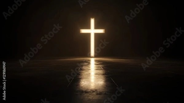 Obraz A glowing cross illuminated against a dark background, symbolizing hope and faith.