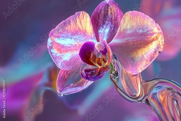 Obraz Close up of an orchid flower with a mesmerizing liquid chrome effect shimmering on its delicate petals, creating a stunning visual display