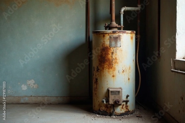 Fototapeta A weathered water heater stands in a forgotten corner, its rusted surface telling tales of years past within an aged building