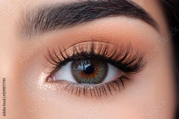 Fototapeta A stunning close-up of a woman's eye with professionally applied eyelash extensions. The long, voluminous lashes are perfectly separated, with a natural curl and glossy shine. 