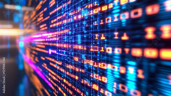 Fototapeta Glowing data streams flow through abstract cyberspace, symbolizing high-speed internet and wireless data transmission. A neural network visual represents big data, cybersecurity, and global connectivi