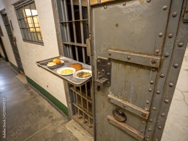 Fototapeta A prison cell door with a food tray outside, showcasing a stark and institutional environment typical of correctional facilities.