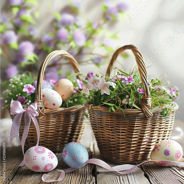 Fototapeta Customizable Easter baskets filled with decorated eggs,