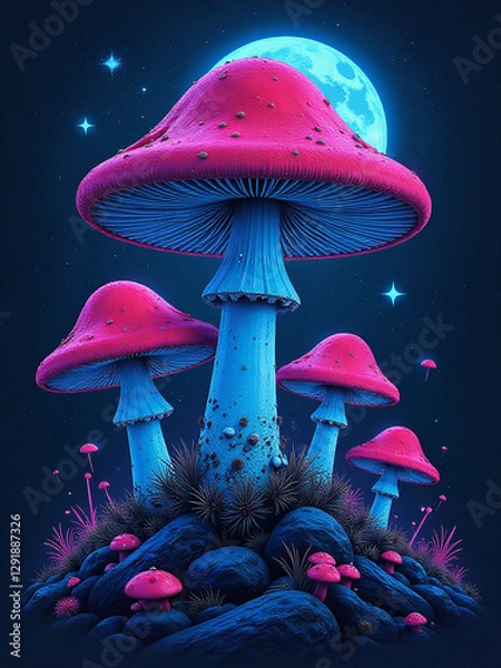 Fototapeta Surreal digital artwork of glowing bioluminescent mushrooms under a luminous full moon, creating a mystical and otherworldly atmosphere.

