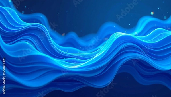 Fototapeta A stunning abstract digital artwork featuring flowing, wavy blue lines with a glowing effect, set against a deep blue background with subtle light particles. This futuristic and fluid Design 