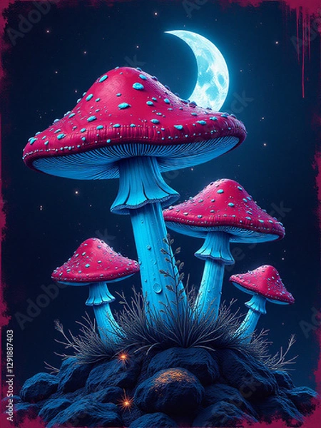 Fototapeta Surreal digital artwork of glowing bioluminescent mushrooms under a luminous full moon, creating a mystical and otherworldly atmosphere.
