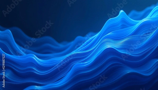 Fototapeta A stunning abstract digital artwork featuring flowing, wavy blue lines with a glowing effect, set against a deep blue background with subtle light particles. This futuristic and fluid Design 
