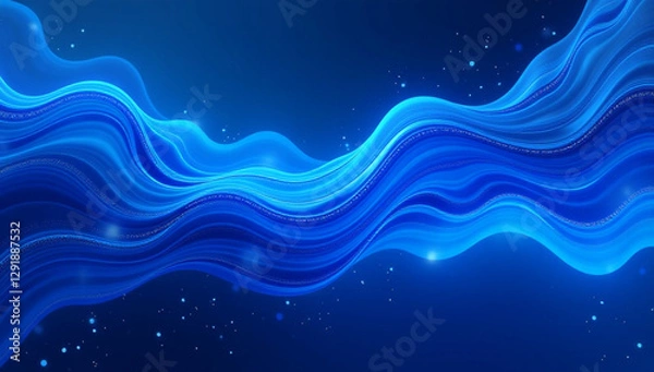 Fototapeta A stunning abstract digital artwork featuring flowing, wavy blue lines with a glowing effect, set against a deep blue background with subtle light particles. This futuristic and fluid design