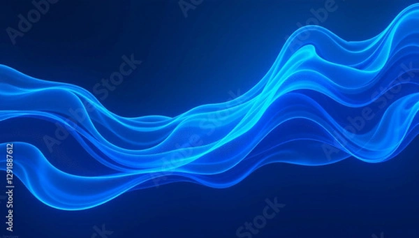 Fototapeta A stunning abstract digital artwork featuring flowing, wavy blue lines with a glowing effect, set against a deep blue background with subtle light particles. This futuristic and fluid Design 