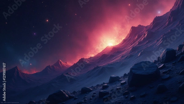 Fototapeta A digital illustration of an alien planet landscape with sharp mountains and dramatic sunrise lighting, creating a futuristic and mysterious atmosphere. A breathtaking outer space scene with stunning 