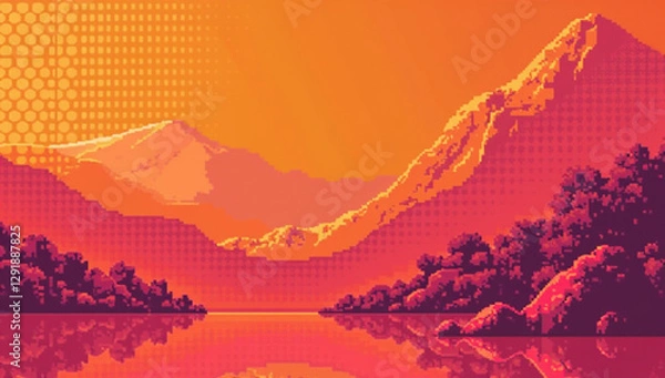 Fototapeta A vibrant pixel art illustration of a mountain landscape with a stunning sunset reflection on a lake. Warm orange and red tones create a nostalgic retro aesthetic. Perfect for gaming, digital art, and