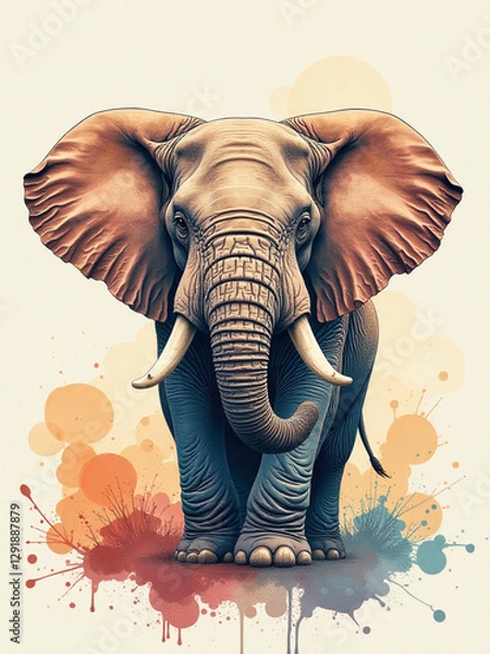 Fototapeta A stunning digital illustration of a majestic elephant with intricate details, standing against a creative watercolor splash background. Perfect for wildlife, nature, and artistic-themed designs