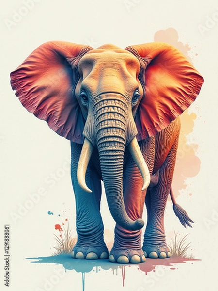 Fototapeta A stunning digital illustration of a majestic elephant with intricate details, standing against a creative watercolor splash background. Perfect for wildlife, nature, and artistic-themed designs