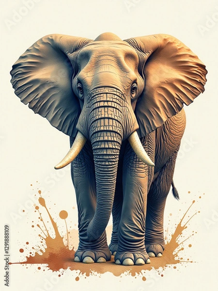 Fototapeta A stunning digital illustration of a majestic elephant with intricate details, standing against a creative watercolor splash background. Perfect for wildlife, nature, and artistic-themed designs