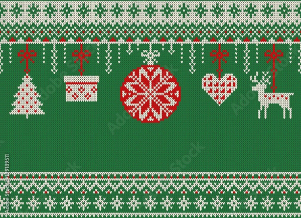 Obraz Merry Christmas and New Year seamless knitted pattern with Christmas balls, snowflakes and fir. Scandinavian style. Winter Holiday Sweater Design. Vector Illustration.