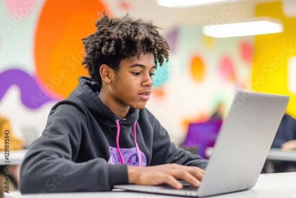 Fototapeta Teenage student focused on laptop in a colorful modern classroom, wearing a hoodie, engaged in learning or studying technology